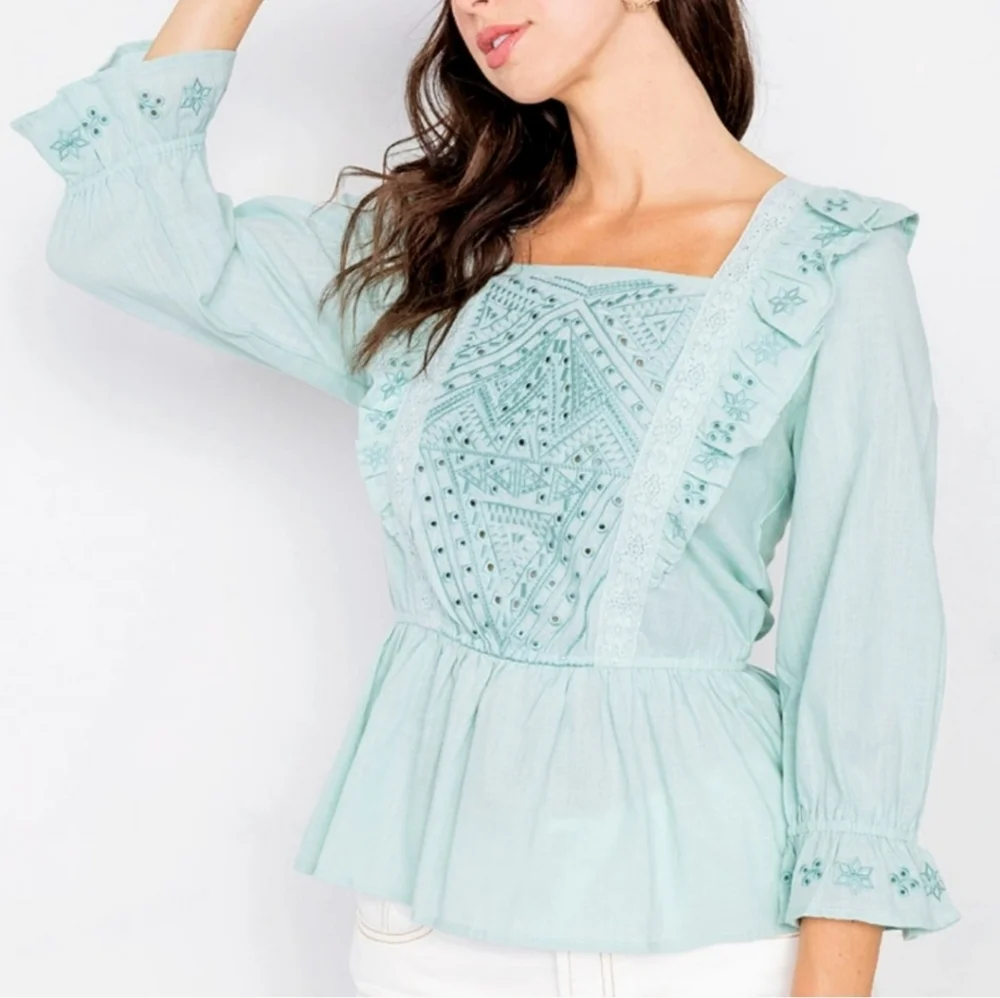 Mint Eyelet embroidered ruffle peplum top - Picture 4 of 6